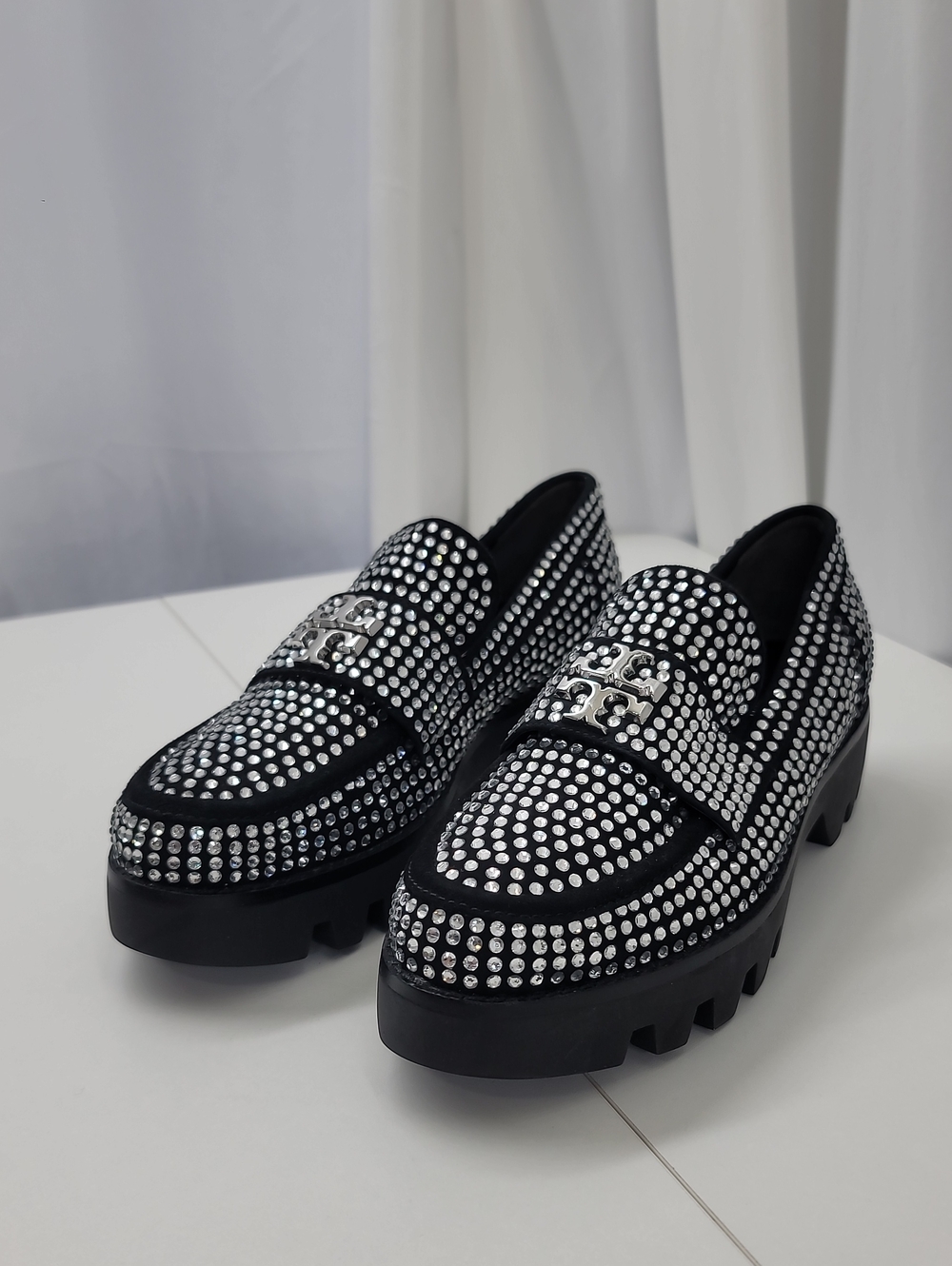 Tory Burch Black Crystal-Studded Lug Sole Loafers Size 7.5